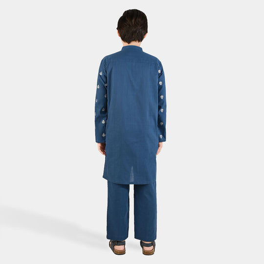 Boys Cotton Slub Kurta Pajama (Tone on Tone)-Blue.Opal