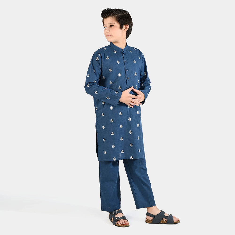 Boys Cotton Slub Kurta Pajama (Tone on Tone)-Blue.Opal