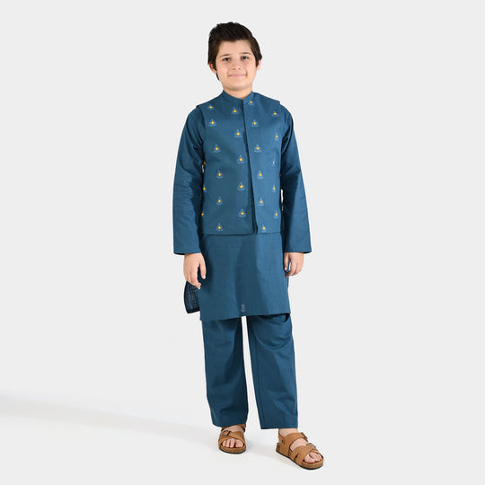 Boys Cotton Slub 3Piece Suit (Puff Motif)-Teal