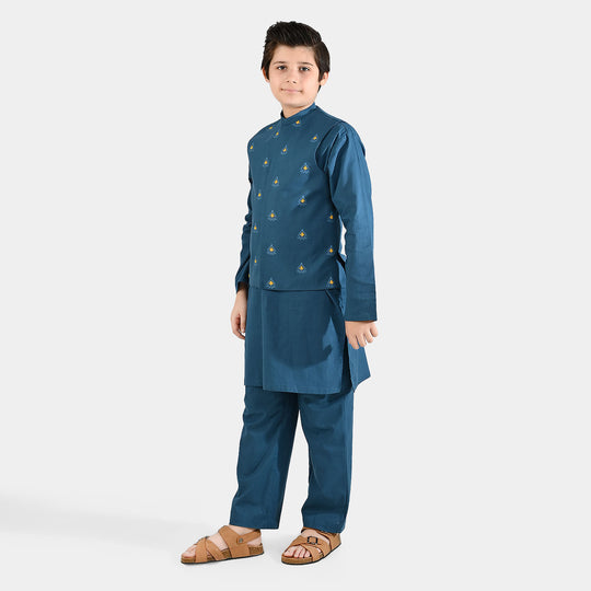 Boys Cotton Slub 3Piece Suit (Puff Motif)-Teal