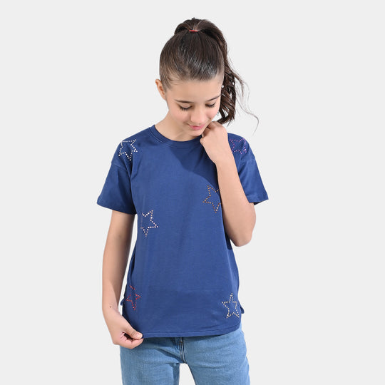 Girls Slub Jersey T-Shirt H/S Stars-True Navy