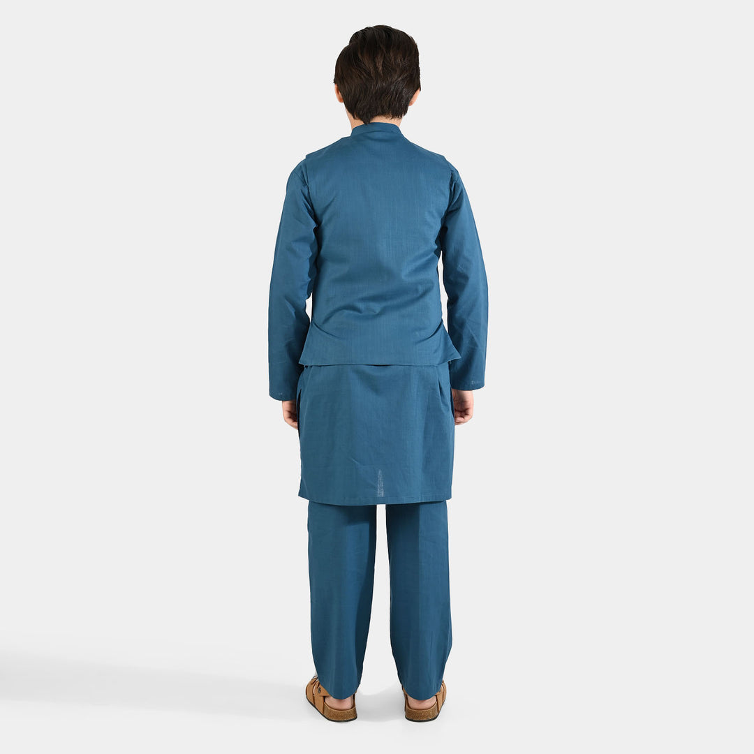 Boys Cotton Slub 3Piece Suit (Puff Motif)-Teal