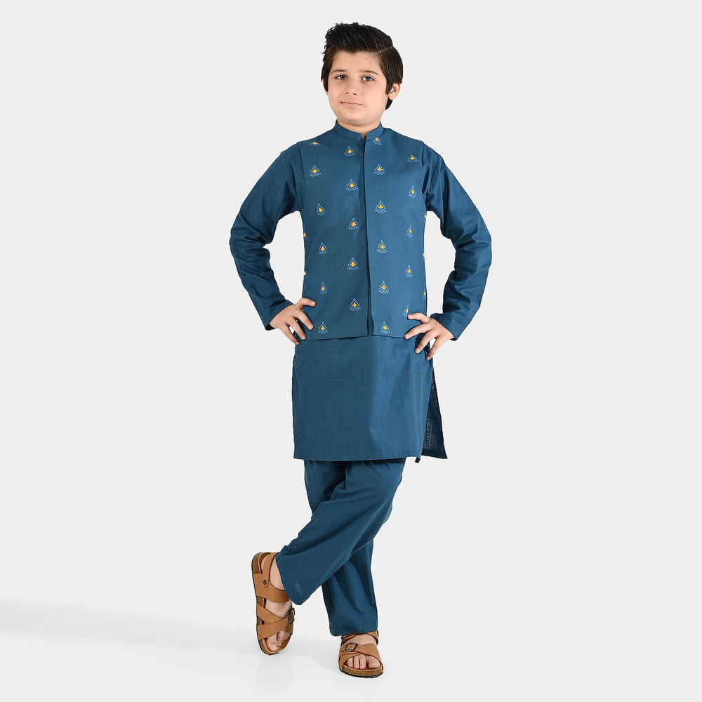 Boys Cotton Slub 3Piece Suit (Puff Motif)-Teal