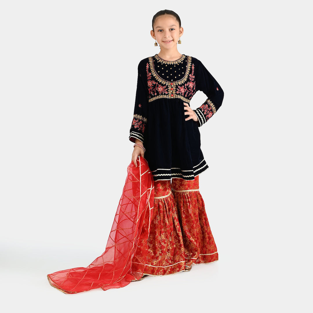 Girls Velvet 3Pcs Noor-Navy Blue