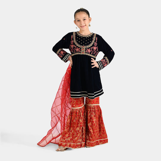 Girls Velvet 3Pcs Noor-Navy Blue