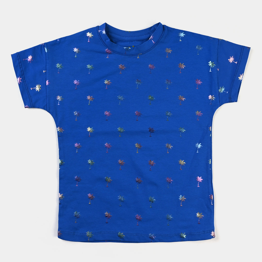 Girls Cotton Jersey T-Shirt Palm Tree- Royal Blue