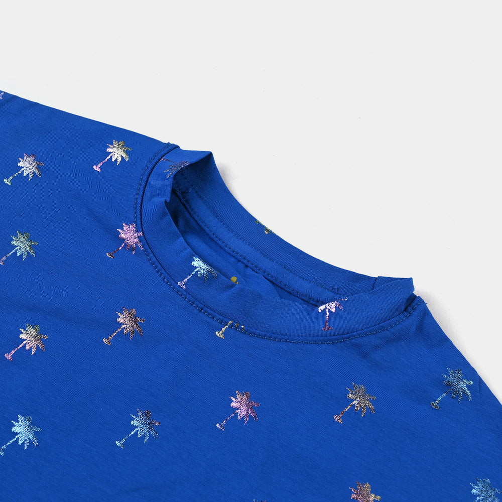 Girls Cotton Jersey T-Shirt Palm Tree- Royal Blue