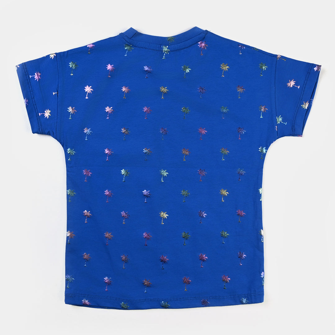 Girls Cotton Jersey T-Shirt Palm Tree- Royal Blue