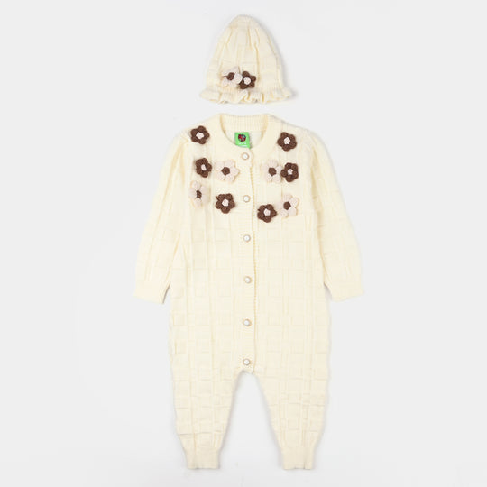 Infant Girls Acrylic Romper (Flower) - Off White