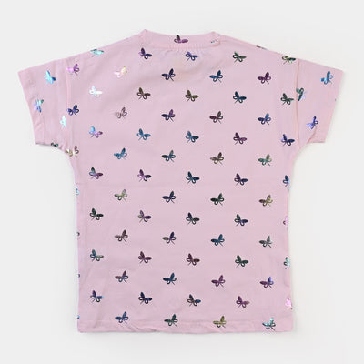 Girls Cotton Jersey T-Shirt H/S Butterflies-Light Pink