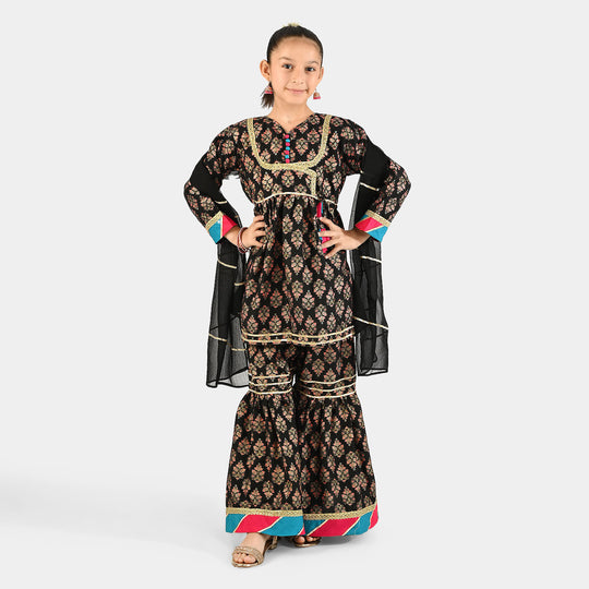 Girls Raw Silk 3Pcs (Gulzar-E-Noor) - Black