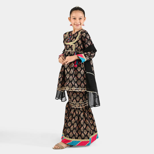 Girls Raw Silk 3Pcs (Gulzar-E-Noor) - Black