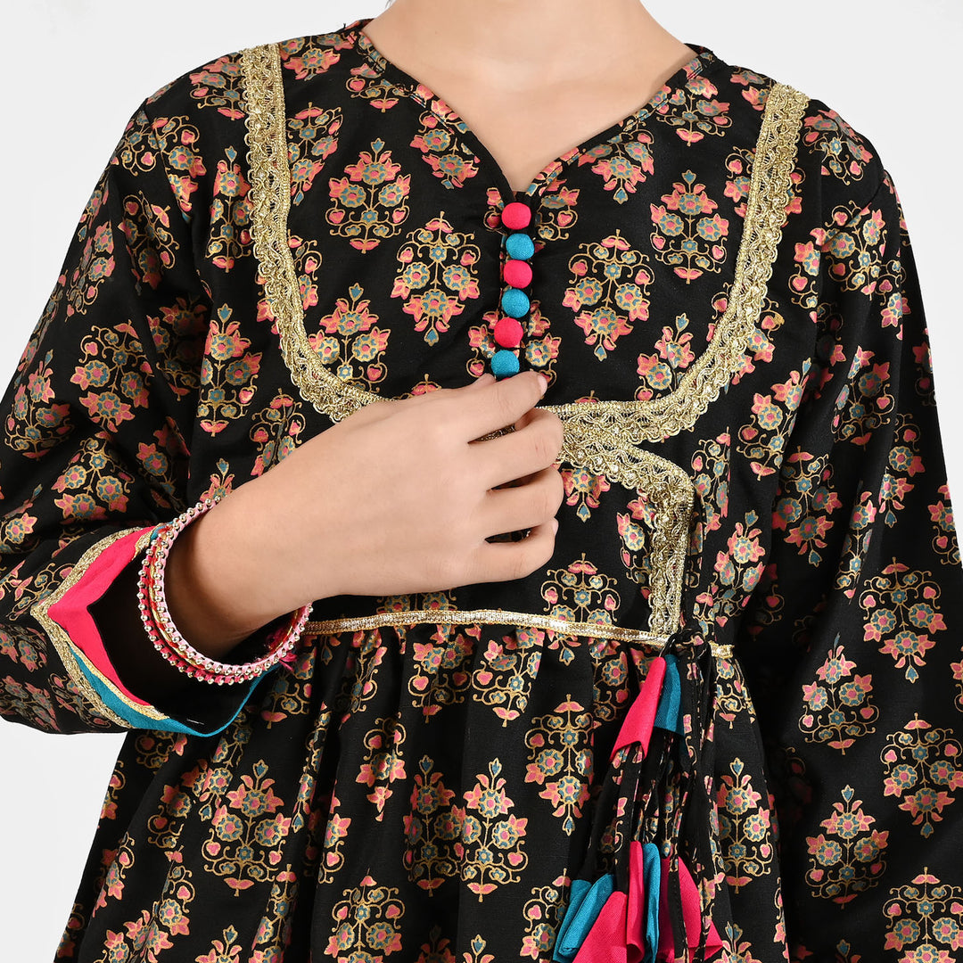 Girls Raw Silk 3Pcs (Gulzar-E-Noor) - Black