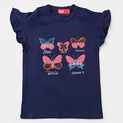 Girls Lycra Jersey T-Shirt Butterfly-NAVY