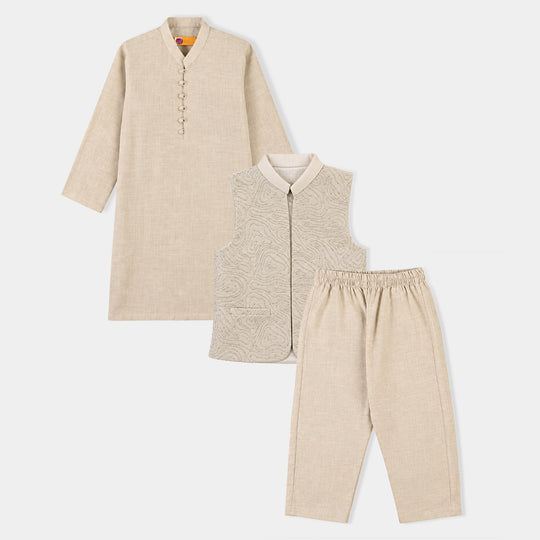 Boys Cotton Slub 3Piece Suit (Maze)-BEIGE