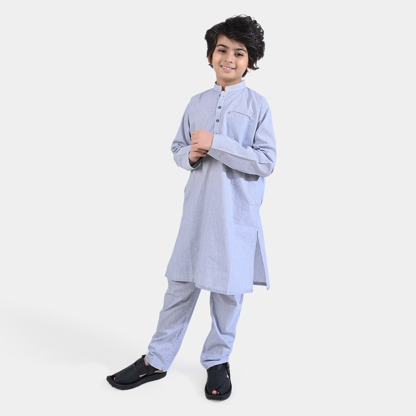 Boys Yarn Dyed Kurta Shalwar Suit -L/GREY