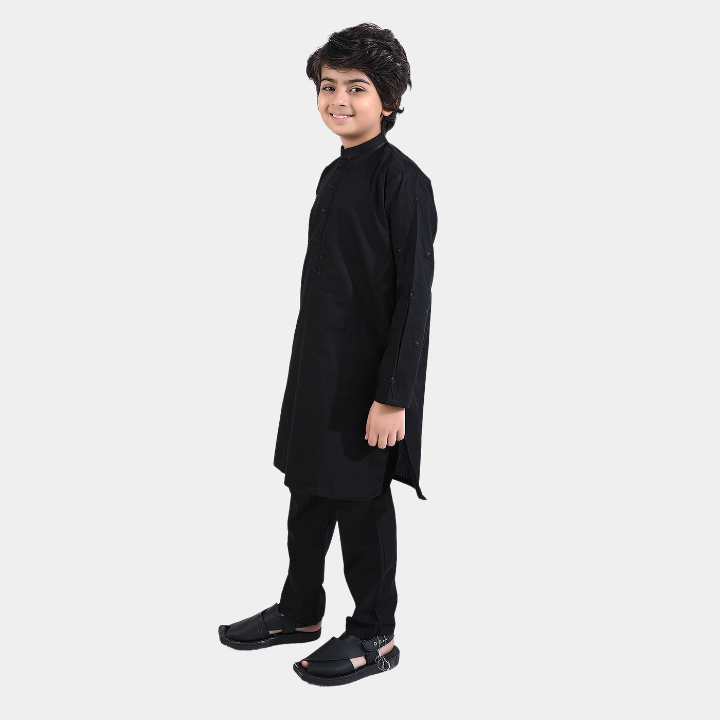 Boys Cotton Poplin 2Pc Suit (Floral EMB)-BLACK