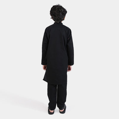 Boys Cotton Poplin 2Pc Suit (Floral EMB)-BLACK
