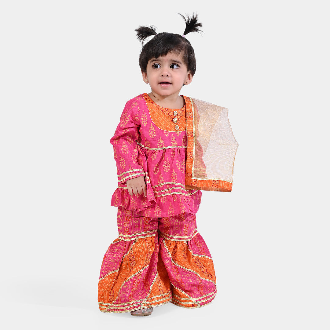 Infant Girls Raw Silk 3PCs Suit Rang Snapshot | Pink