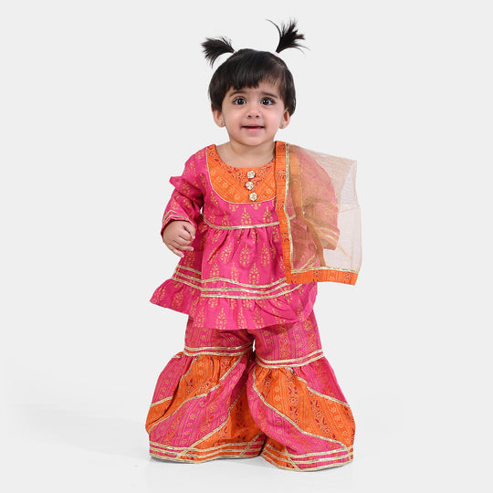 Infant Girls Raw Silk 3PCs Suit Rang Snapshot | Pink