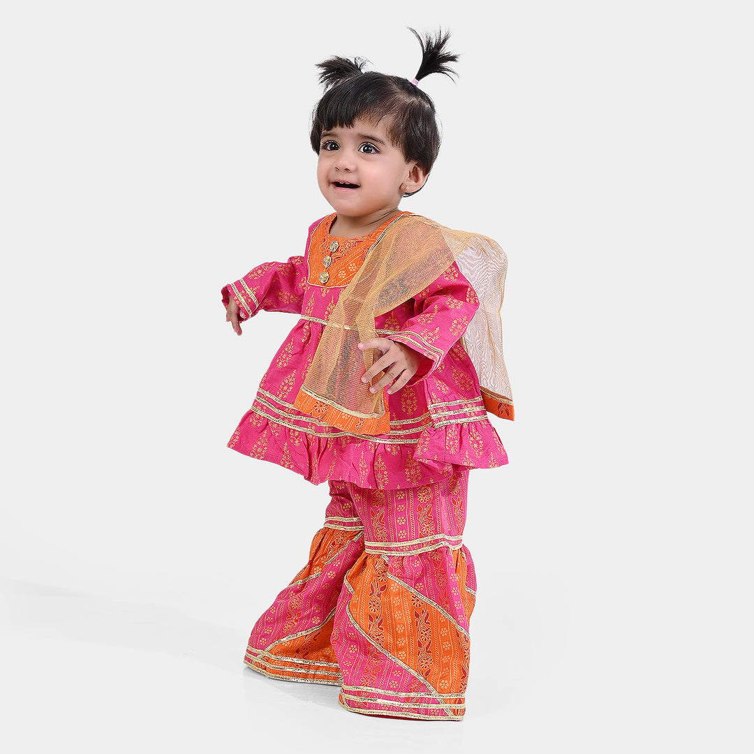 Infant Girls Raw Silk 3PCs Suit Rang Snapshot | Pink