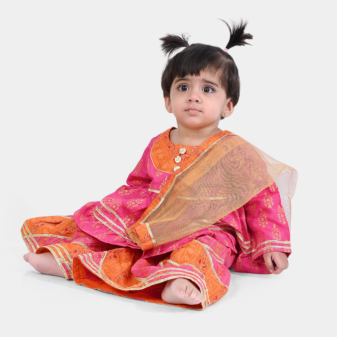 Infant Girls Raw Silk 3PCs Suit Rang Snapshot | Pink