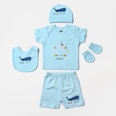 Infant Boys Cotton Poplin 5 Piece Set (T-Shirt/Short/Cap/Mittens/Bib)-mIX