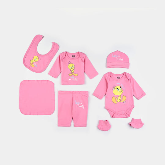 Infant Girls Cotton Interlock 7 Piece Set Character-Pink