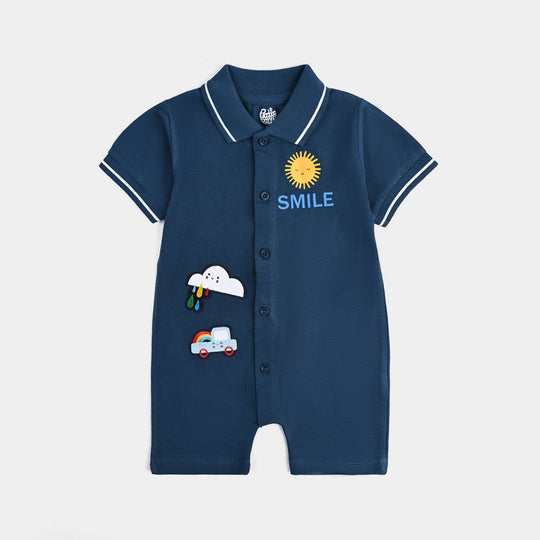 Infant Boys Jumbo Pique Knitted Romper Smile-Blue