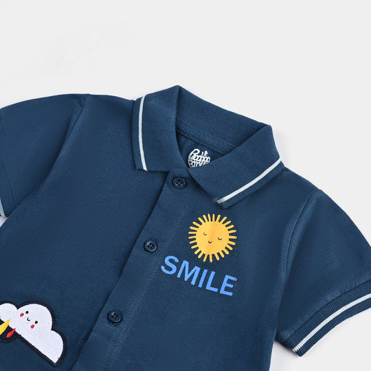 Infant Boys Jumbo Pique Knitted Romper Smile-Blue
