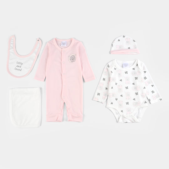 Infant Girls Cotton Interlock 5 PC Set -Pink/White