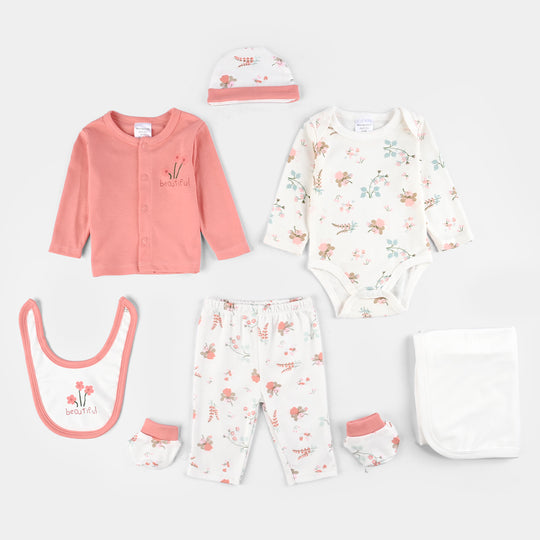 Infant Girls Cotton Interlock 7 PC Set-Peach/White
