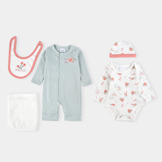 Infant Girls Cotton Interlock 5 PC Set-Pink/White/Green