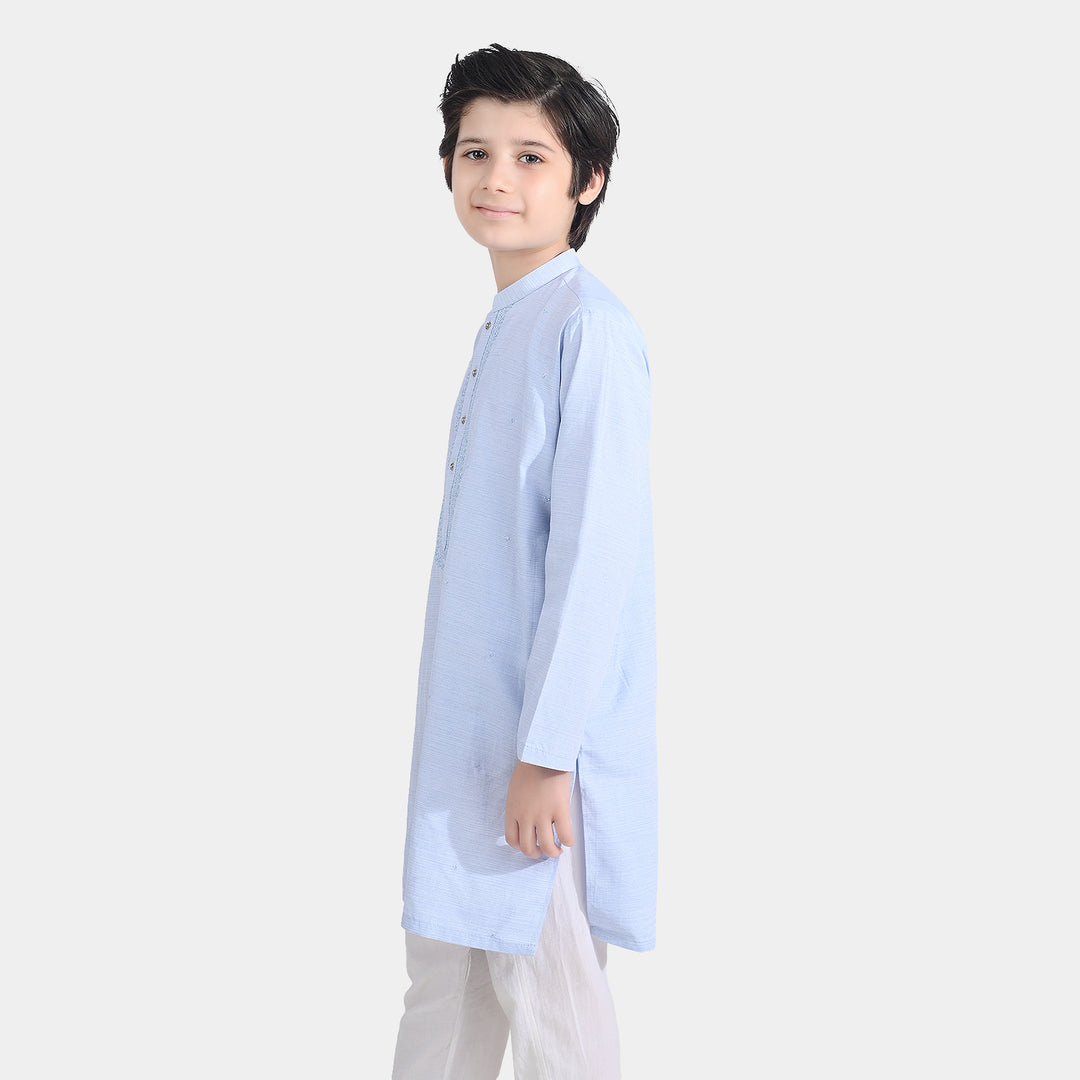 Boys Poly Viscose Embroidered Kurta (Slub EMB)-L.Blue
