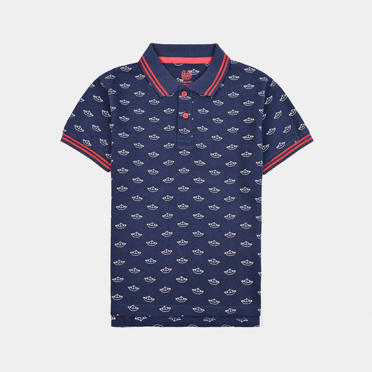 Boys Cotton PK Polo Ships-Navy Blue