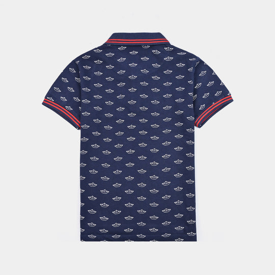 Boys Cotton PK Polo Ships-Navy Blue
