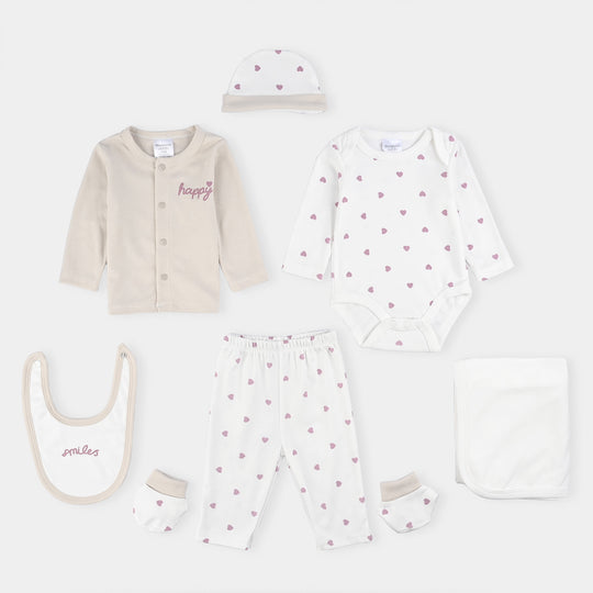 Infant Girls Cotton Interlock 7 PC Set-Beige/White