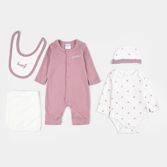 Infant Girls Cotton Interlock 5 PC Set-Pink/White