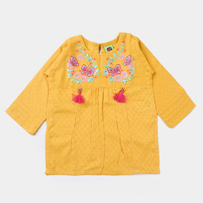 Infant Girls Dobby EMB Kurti Magical Garden-Mustard
