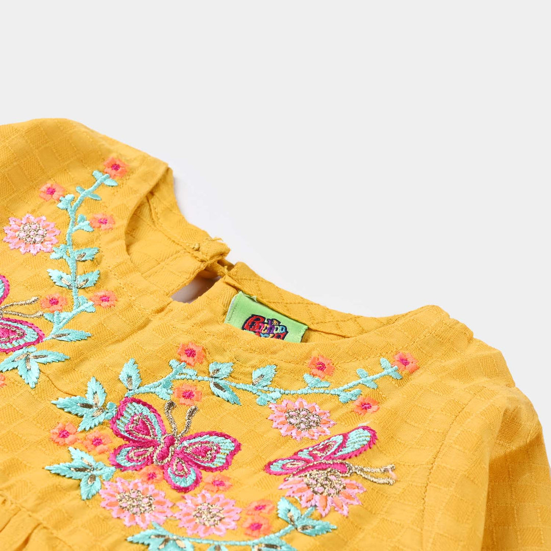 Infant Girls Dobby EMB Kurti Magical Garden-Mustard