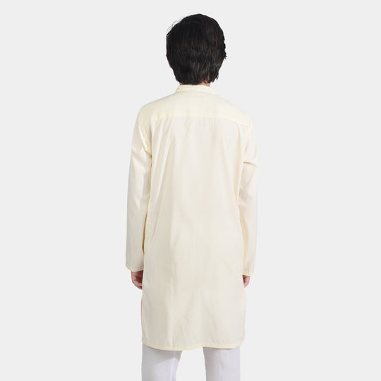 Boys Poly Viscose Embroidered Kurta (Contrast EMB)-Cream