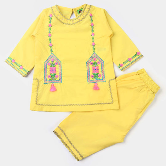 Infant Girls Cotton Slub EMB 2PC Suit Neon Garden-B.Yellow