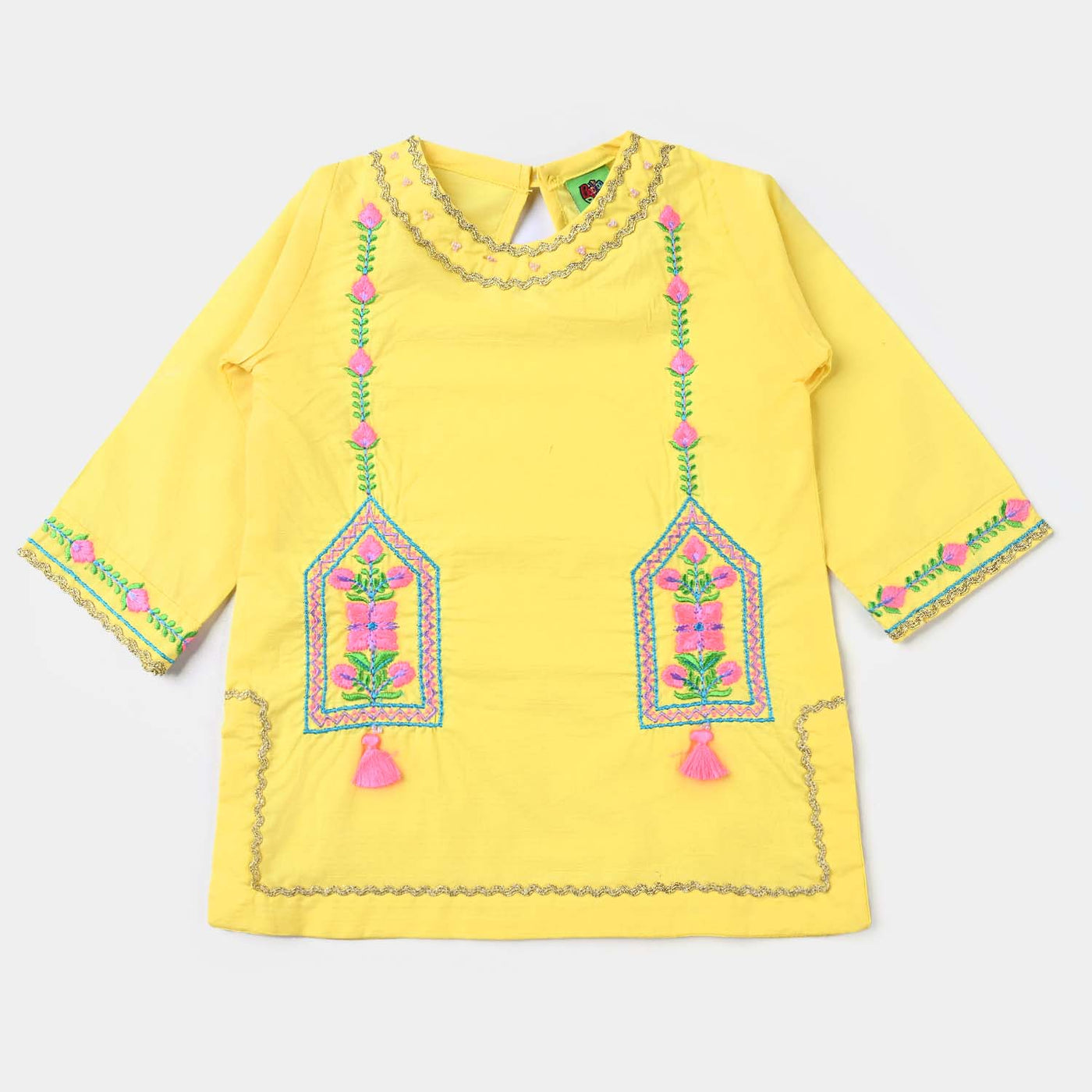 Infant Girls Cotton Slub EMB 2PC Suit Neon Garden-B.Yellow