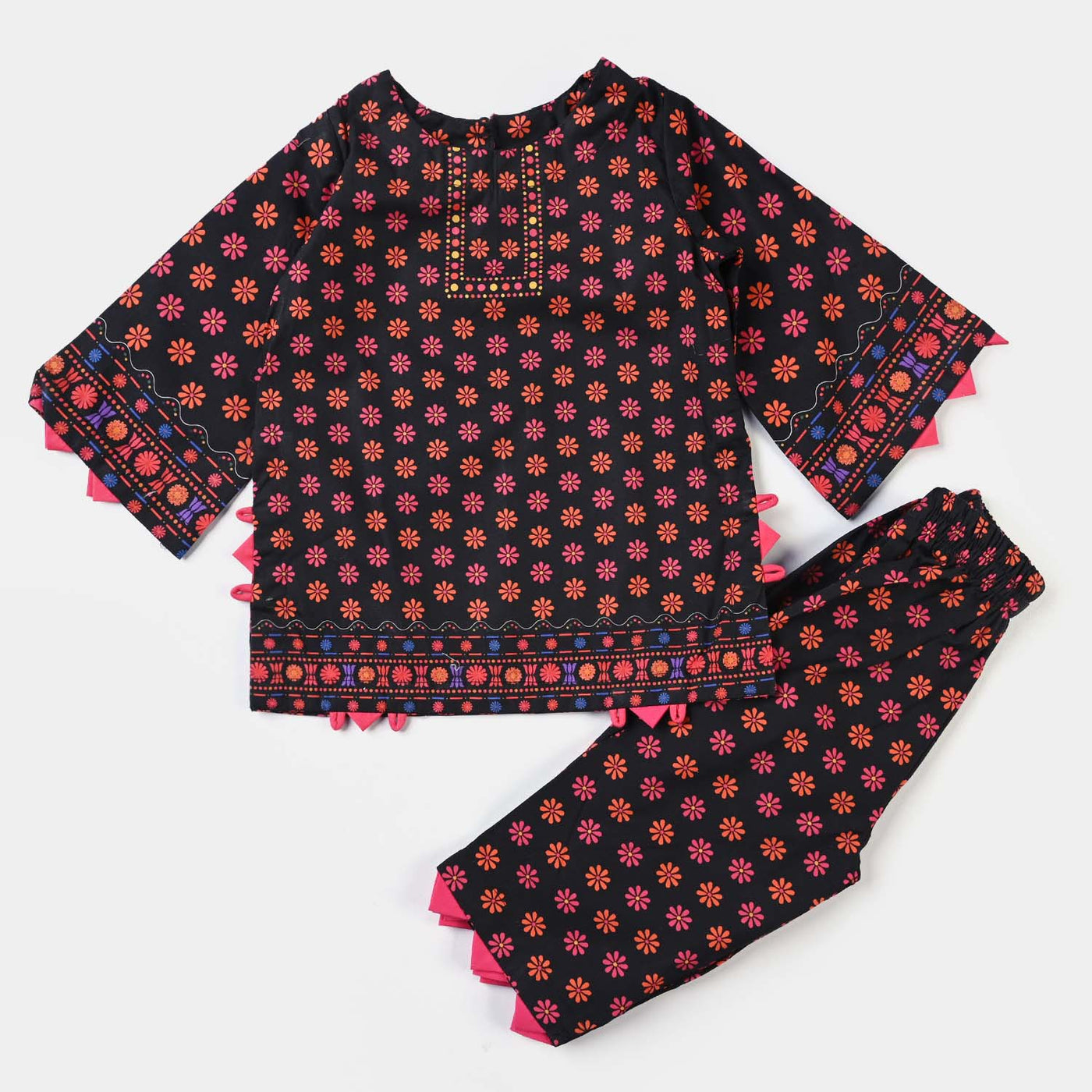 Infant Girls Cotton Poplin Printed 2PC Suit Polka Flowers-BLACK