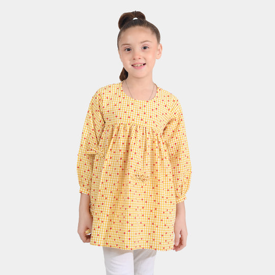 Girls Cotton Casual Frock Yellow Checks-Mustard