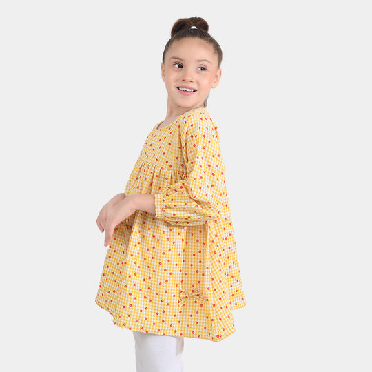 Girls Cotton Casual Frock Yellow Checks-Mustard