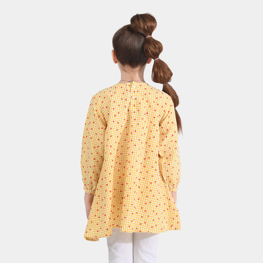 Girls Cotton Casual Frock Yellow Checks-Mustard