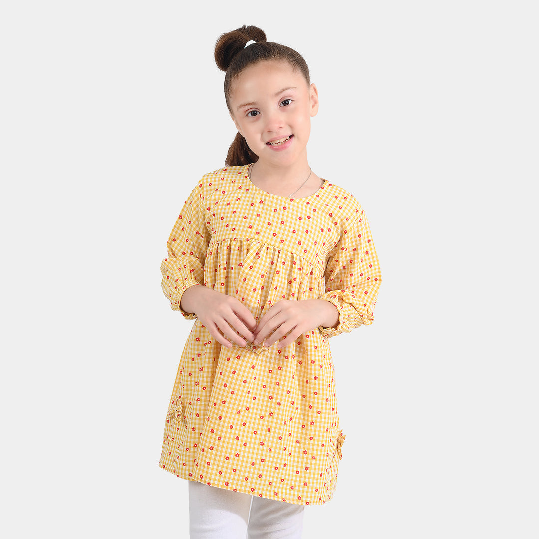 Girls Cotton Casual Frock Yellow Checks-Mustard