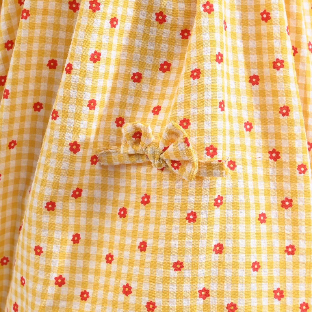 Girls Cotton Casual Frock Yellow Checks-Mustard