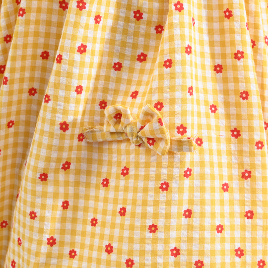 Girls Cotton Casual Frock Yellow Checks-Mustard